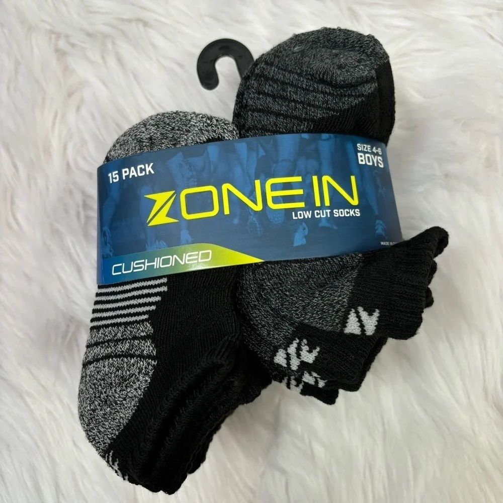 NEW Zone‎ In Boys Size 4-6 Low Cut Cushioned Socks Pack of 15 Black & Gray NWT